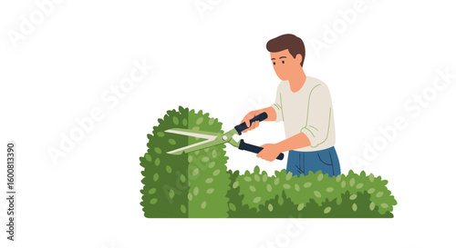 Skilled gardener meticulously trimming lush greenery with precision cutting tool shaping vibrant foliage