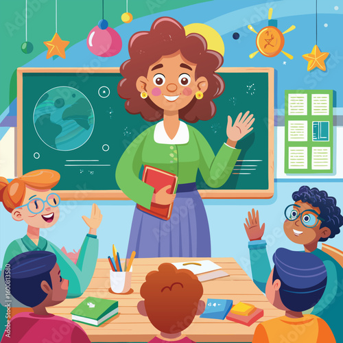 Cartoon vector illustration of school children having fun in classroom education