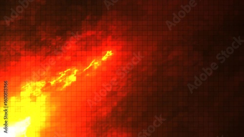 Dynamic, intense and powerful fire flames in red-orange tones on a complex mesh mosaic background that captivates viewers. 4K animation.