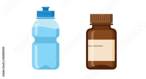 Plastic water bottle and medicine bottle on white background