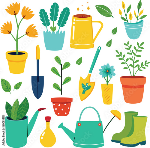 A vector illustration set of gardening icons with various tools for planting flowers and trees in a spring garden