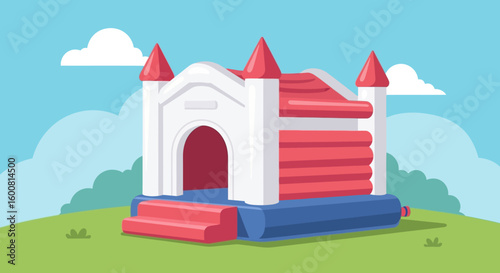 Playful Inflatable Castle Bouncer with Whimsical Landscape Backdrop Illustration for Kids Fun 88character