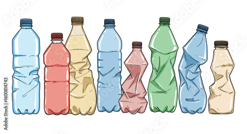 Hand drawn plastic bottles in various colors and shapes
