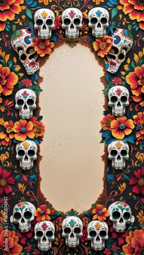 Skull drawing  day of the dead sugar skulls and flowers frame background for dia de los muertos design