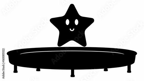 Black star with a smiling face hovering above a round table with short legs in a simple illustration