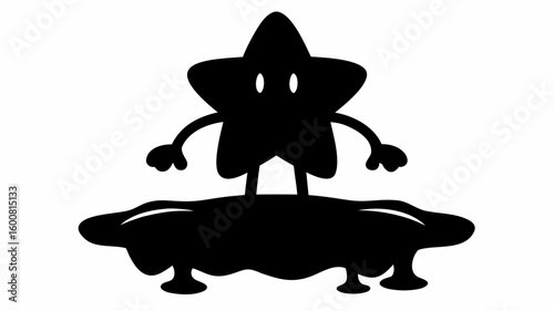 Silhouette of a cartoon star character standing on a puddle with arms and legs in black and white