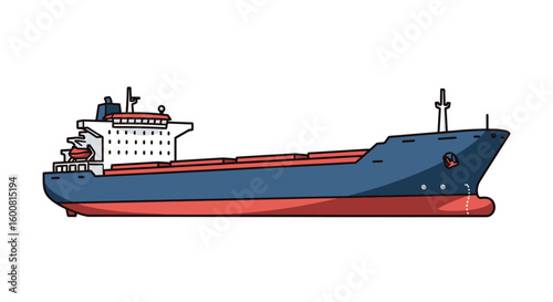Detailed Illustration of a Cargo Ship Navigating the Open Waters on White Background