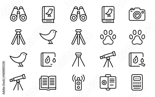 Collection of hand drawn icons for bird watching and nature exploration