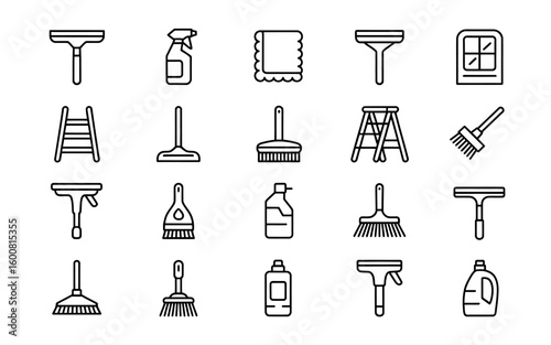 Collection of cleaning tools and supplies icons