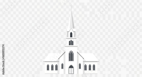 Serene illustration of a timeless all-white church with a prominent spire against a neutral transparent backdrop
