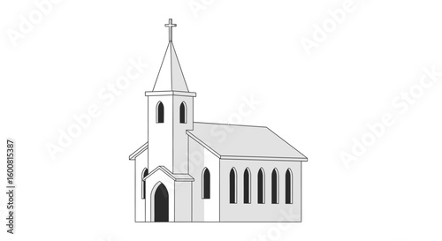 Simple Line Art of a Traditional Church Building with a Cross Adorning the Steeple Design Illustratio