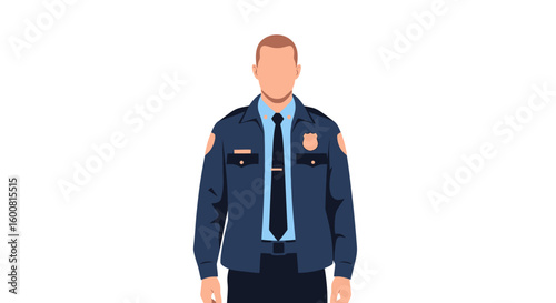 Stylized police officer illustration exhibiting law enforcement professional service and protection with authoritative and calm demeanour