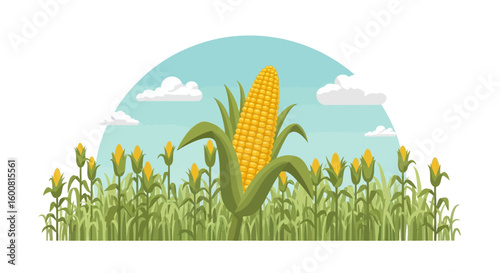 Vibrant Cornfield Illustration with Sunny Sky: A Bountiful Harvest Depiction within an Agricultural Landscape