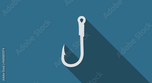 Minimalist Fishing Hook Illustration on Blue Background with Long Shadow Depicting Angling