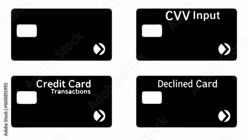 Illustrations of credit card states including cvv input credit card transactions and declined card states