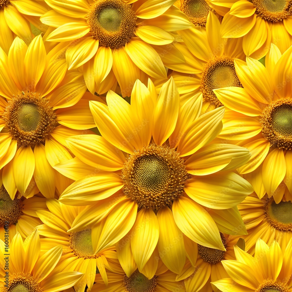 Obraz premium A vibrant closeup view of many bright yellow sunflowers in full bloom showcasing their detailed petals and centers