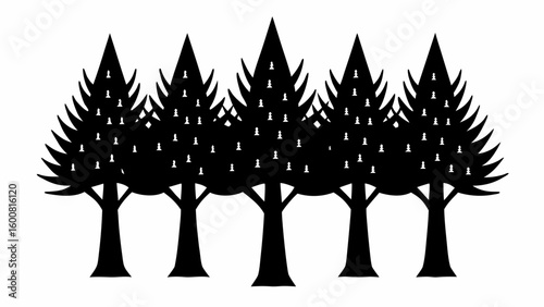 Silhouette of five trees decorated with chess pawns in a row against a white background design element