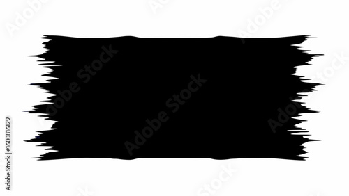 Abstract black brush stroke with jagged edges on a white background creating a textured rectangular shape design