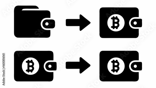 Two rows showing a wallet changing into a bitcoin wallet with arrows pointing to the change process