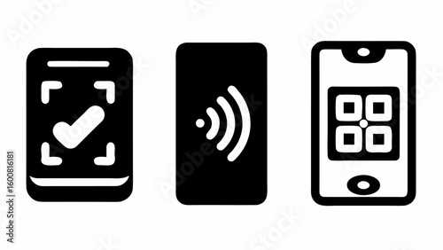 Three icons depicting mobile payment methods including qr code nfc and mobile checkmark payment methods