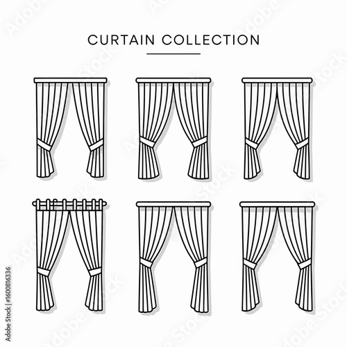 Curtain Collection Set of Vector Illustrations for Interior Design and Home Decor Minimalist Line Art Style Window Coverings