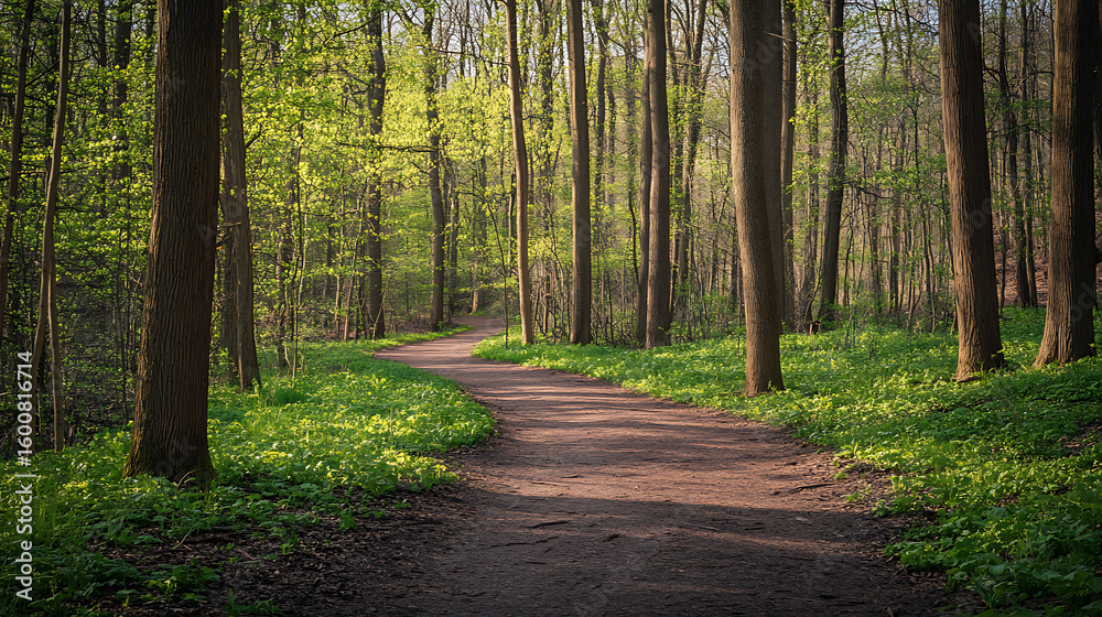 Obraz premium A forest trail with budding trees halfway through the spring season 