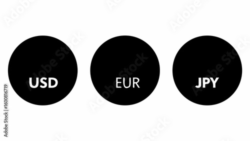 Three black circles displaying usd eur and jpy currency codes representing global financial symbols and trade