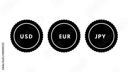 Three currency symbols usd eur and jpy inside black scalloped circle on a white background design element