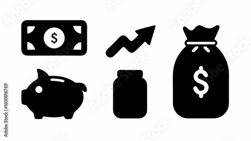 Illustration of money bill, upward trend arrow, piggy bank, jar, and money bag in black and white style