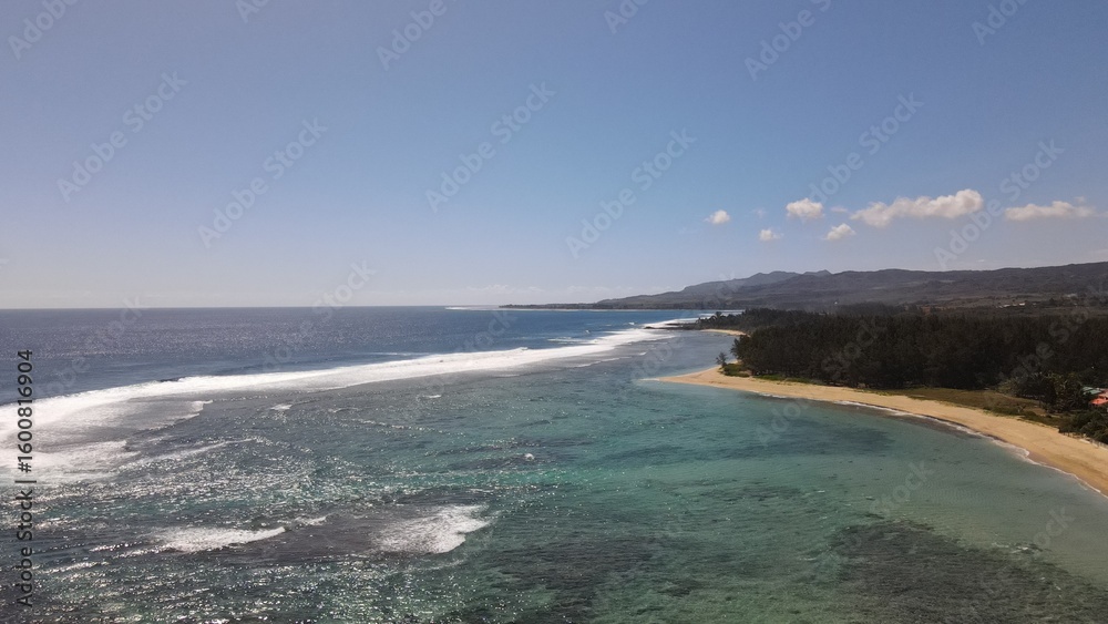 Fototapeta premium Aerial drone view of the tropical coastline in Mauritius with waves, beach, forest, and distant mountains on a sunny day.