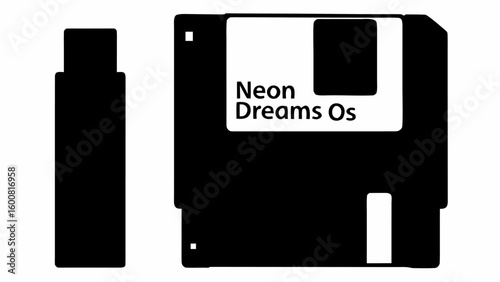 Illustration of a black floppy disk with a white label next to a black usb drive on a white background