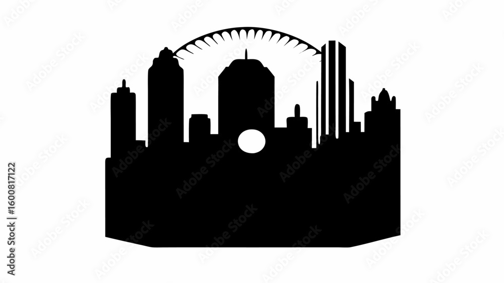 Fototapeta premium Silhouette of a city skyline with various buildings and a bridge in the background at nighttime view