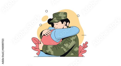 Soldier returning home emotionally embracing loved one after long deployment military service reunion