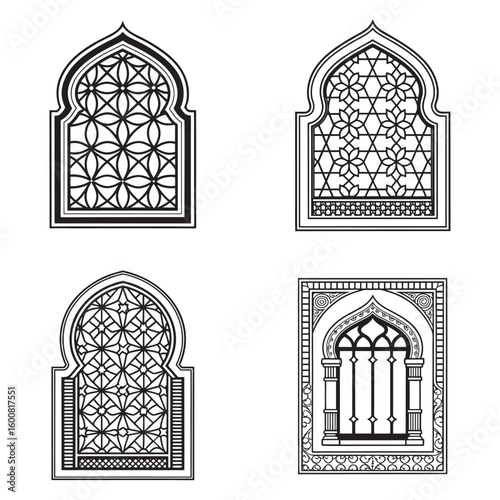 Old church building architecture featuring a set of ornate windows with intricate decorations and four antique wooden doors with iron details, evoking a vintage, religious style