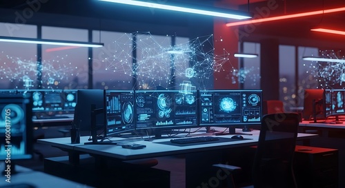 Multiple computer screens displaying data analysis in an empty office