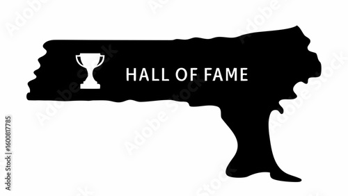 Black silhouette with a trophy icon and the words hall of fame displayed in white text on the shape design