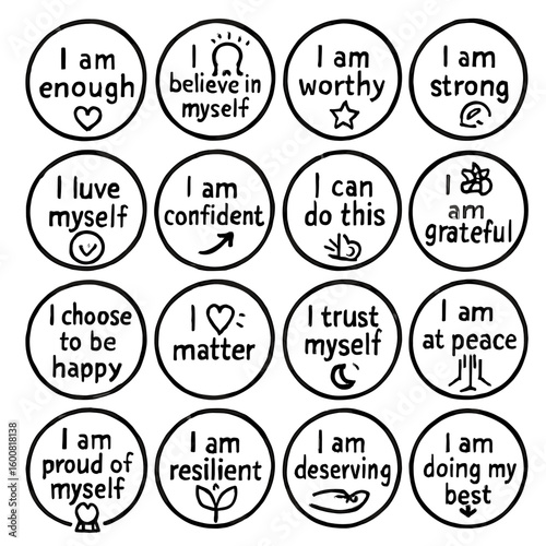 A affirmations and positive mindset messages a collection of inspiring self-love and motivational quotes on white circles.