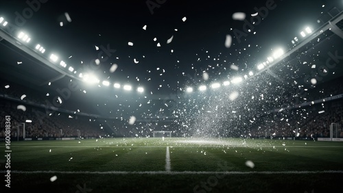 Celebratory Confetti Falling on Soccer Field at Night: Dramatic Stadium Atmosphere