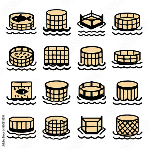A collection of fish farm illustrations, showcasing aquaculture systems and fish farming techniques, ideal for educational and commercial purposes