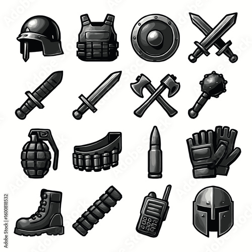 A collection of military and medieval weaponry and gear, including helmets, shields, swords, body armor, and hand grenades, all in a monochrome design.