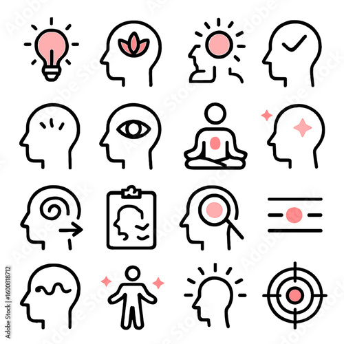 A collection of thought and mind icons, depicting ideas, focus, meditation, and clear thinking for concepts and mental processes in business and psychology.