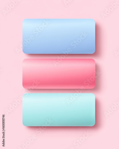 Three rounded rectangular bars in pastel blue, pink, and teal shades are stacked vertically on a soft pink background.