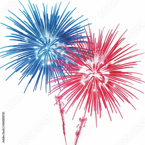 Two stylized fireworks bursts, one blue and one red, explode against a white background.