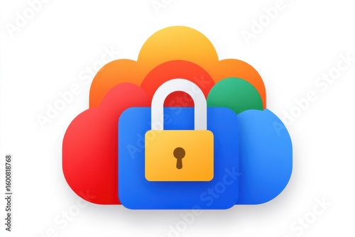 Colorful cloud with a blue folder secured by a golden padlock symbolizing cloud data security and privacy protection.