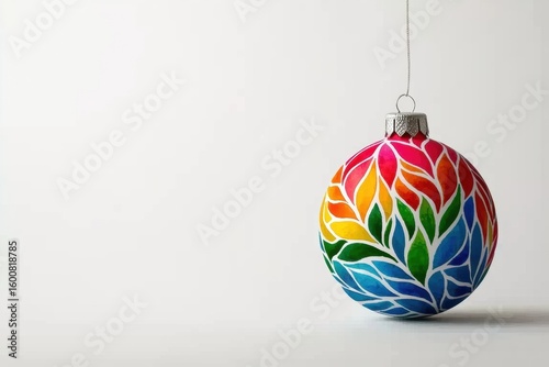 A colorful Christmas ornament featuring a vibrant, leaf-like pattern hangs against a minimalist white background.