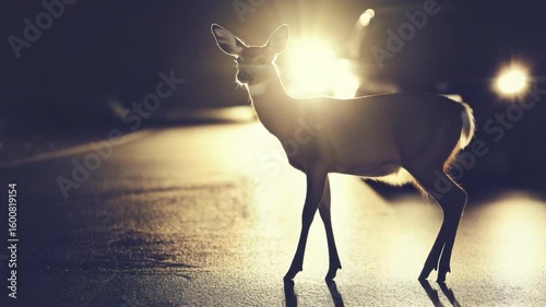 A deer on the roadside illuminated by car headlights at night, showcasing wildlife in an urban setting 4k video footage