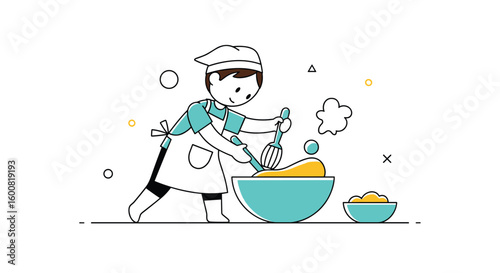 A cheerful cartoon chef skillfully blends ingredients in a large mixing bowl preparing a delicious meal