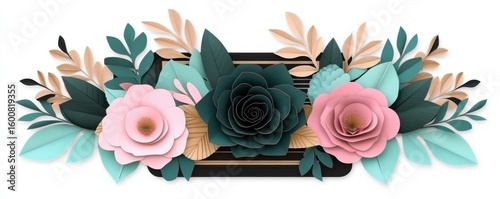 Elegant floral arrangement with pink and dark green roses, surrounded by teal and beige leaves on a white background.
