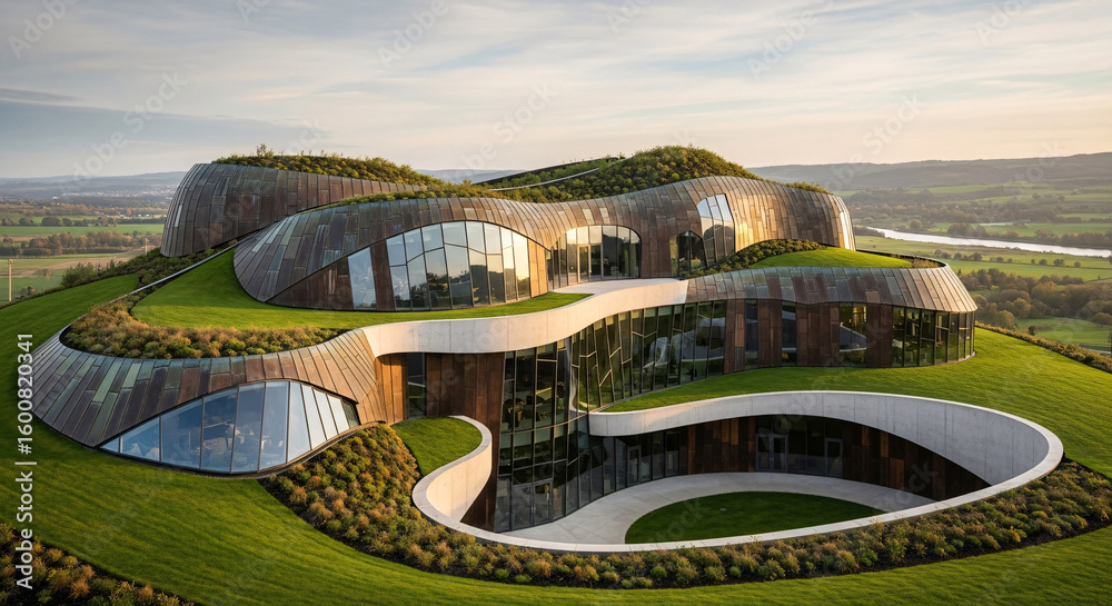 Fototapeta premium Modern EcoFriendly Hilltop Winery with Lush Green Roofs.