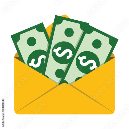 Yellow envelope with green banknotes and dollar symbols money